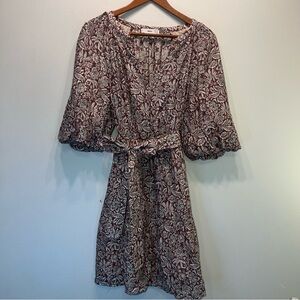 MNG  Brown Floral Dress Size 2 US Lining 3/4 Sleeve Waist Tie